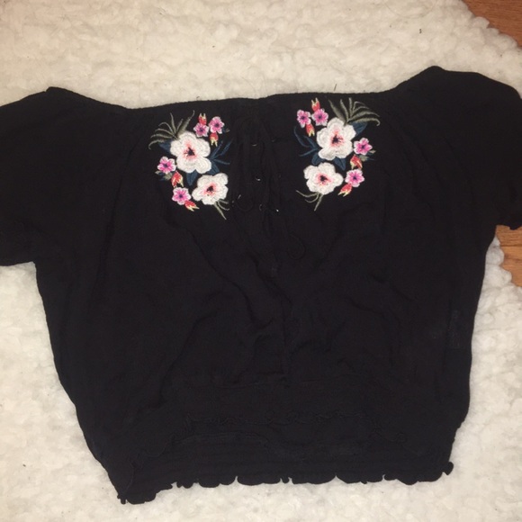 Off the Shoulder Lace Up Top w/ Embroidered Flower - Picture 1 of 4